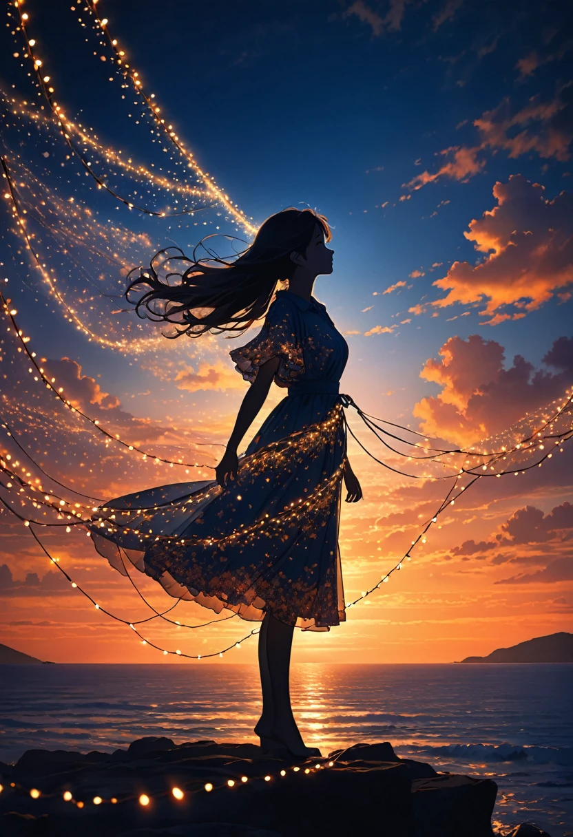 The image depicts the silhouette of a person standing against a stunning sunset backdrop. The sky transitions from a rich orange near the horizon to deep blue as it ascends. The person appears to be wrapped in a string of small, glowing fairy lights, with some of them lit up, creating an ethereal and captivating contrast against the dark silhouette. The person seems to be holding up one arm, perhaps adjusting or interacting with the lights. The overall mood of the image is peaceful and enchanting.