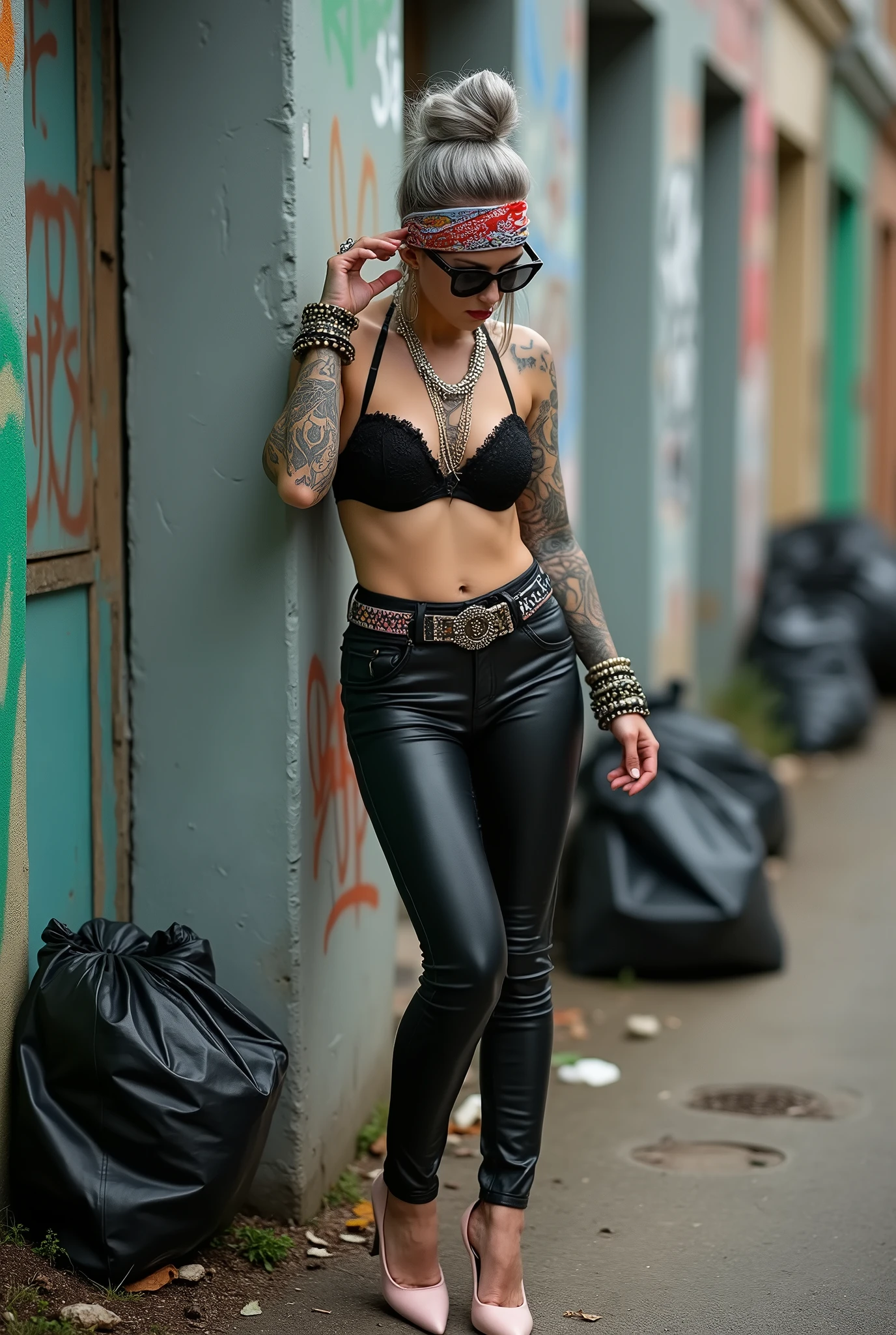 russian milf woman,  grey hair (bouffant, top bun) and oversized square sunglasses and wide  colourful bandana as headband, with very light green eyes, extremely pale. Big lips.  Black lace push up bra, silicone breast,, tight skinny  black low rise leather jeans. Light pink high heel mules. Lots of thick wide studded bracelets, chain necklaces and big rings,. Two loose studded belts. Long earrings with chains and feathers. Back against a wall, separated legs, touching her hair with both hands. Chin down, looking down at the ground, Neck, chest, stomach and wrists heavily tattoed.  Toned abdominals, thin neck, slim legs and thin arms. Narrow hips. Full body. At a dead end street with graffitied walls, ground littered with waste and black plastic garbage bags. Full body