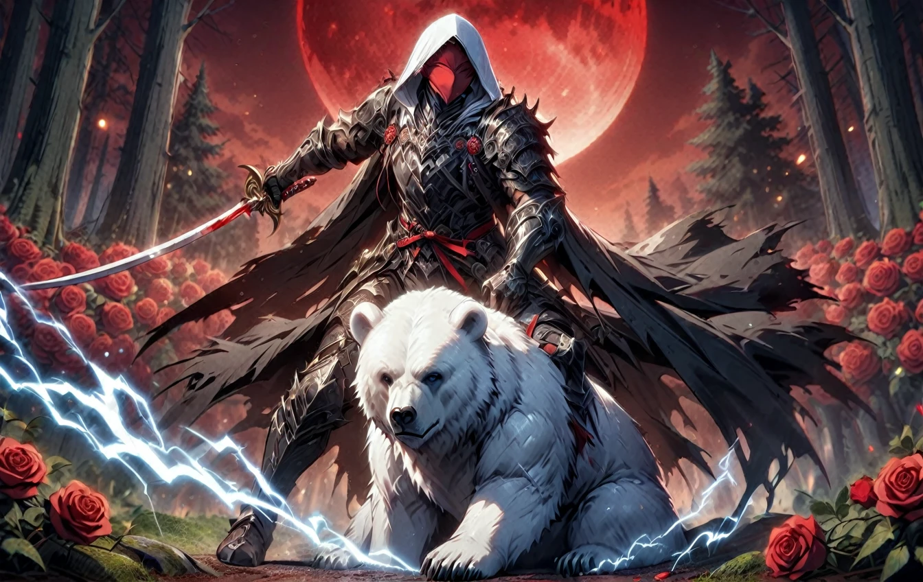 One man with a white hood with bear ears and a katana sits riding a polar bear in a forest while the blood moon shines, many Roses cover the ground and lightning falls from the sky. The man wears a red blindfold.