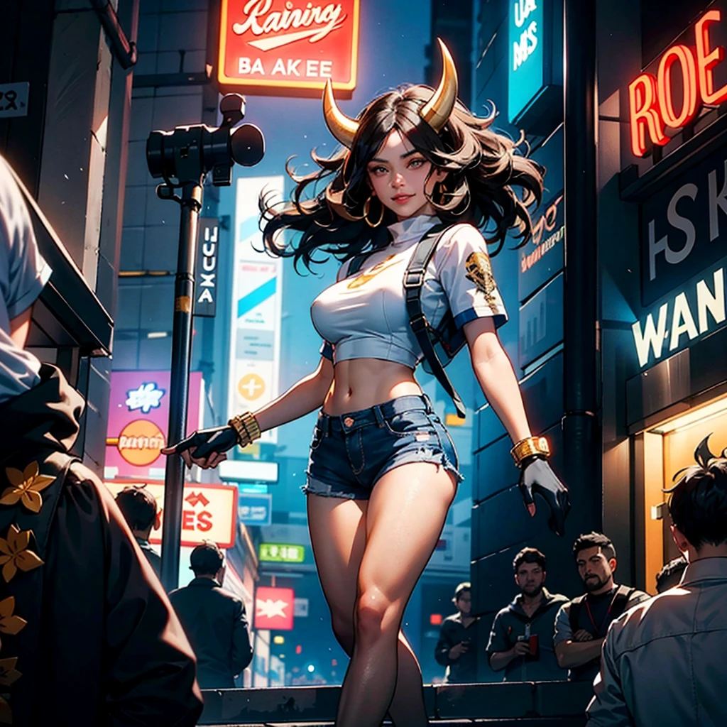 ((best quality)), (detailed), 1 brutal women, 8k_wallpaper, extremely detailed eyes, (large masterpiece digital art), (intricate details:1.3 ), (ultra-detailed:1.3), (sharp focus:1.3), (natural lighting:1.05), (vivid colors:1.3), (best quality:1.4), expressive eyes, full body, detailed face, beautiful face, perfect face, ((hair black curls)), ((blue horns)), (gold eyes), {{dark skin}}, ({dark skinned female}), (big breasts), huge chest, big wide ass, powerful relief muscles of the abdomen and legs, powerful strong muscles of the arms, a predatory aggressive smile with many fangs and a cruel predatory gaze, dressed in an open white coat with rolled up sleeves, a translucent dark blue crop top through the fabric, the clear outlines of large pointed nipples are visible, denim mini-shorts, leather gloves, steel bracelets, a large hiking backpack, walks through the city at night against the backdrop of neon signs advertising and labels of adult establishments, against the backdrop of bars and brothels, in the style of cyberpunk and rock and fantasy of the distant future,