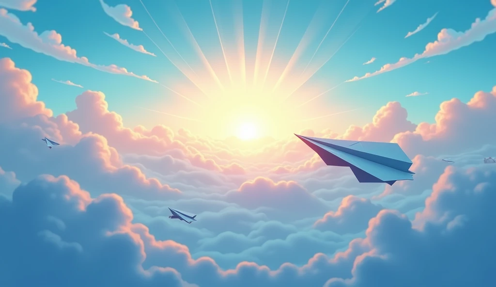 An ultra-high-resolution animated illustration depicting a sky with a rising sun and a big paper airplane flying over blue clouds, viewed from above, displayed on a very wide screen.