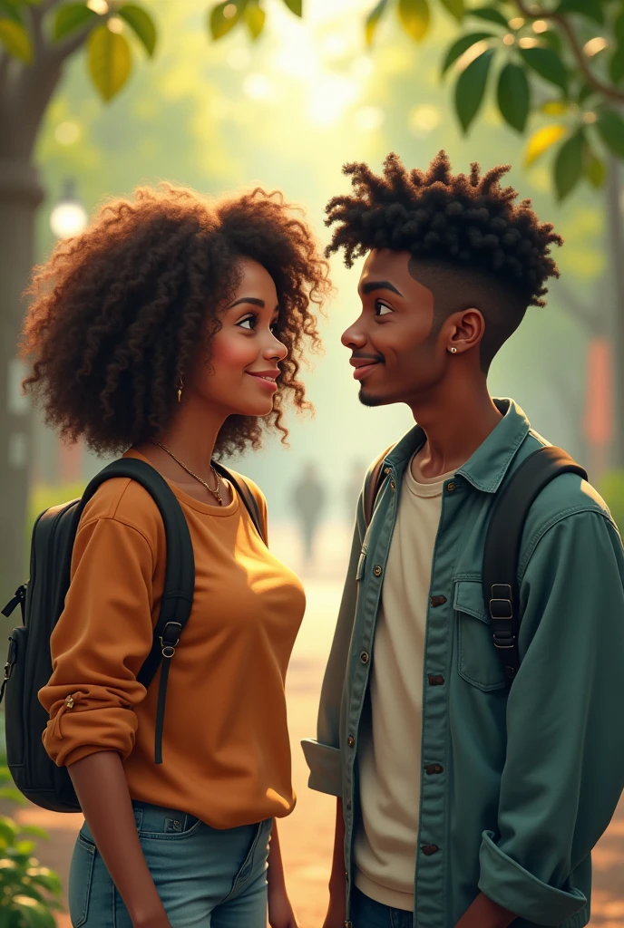 A couple of teenagers, brown woman with shoulder length curly hair. Black man with black hair