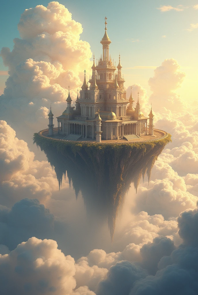 a floating island in the sky a giant palace on the island among the clouds