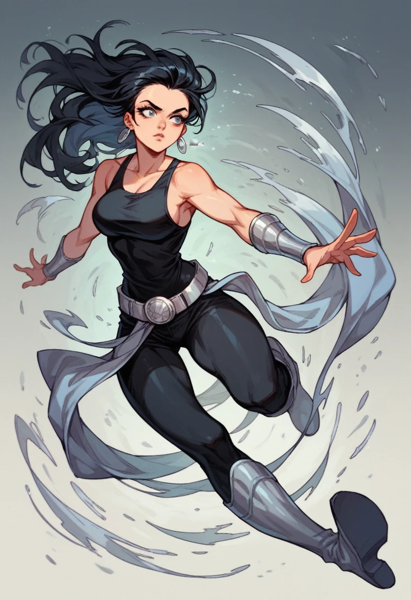 1girl, long black hair, earrings, long black tank top, sleeveless bodysuit, silver belt, silver bracers, silver long boots, dc comics