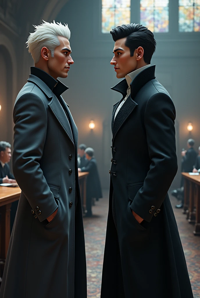 Kaz brekker from shadow and bone, with white hair and a gray overcoat is next to Magnus Bane of shawdowhuters, in the registration room. Animated model