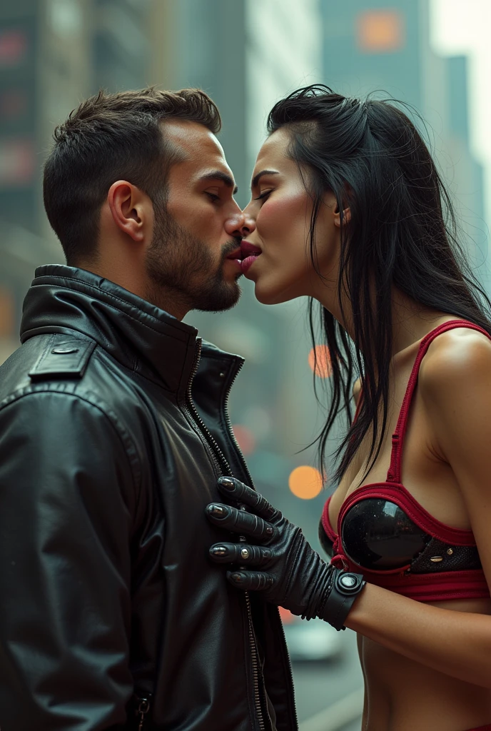 futuristic biker girl sucking a man’s penis