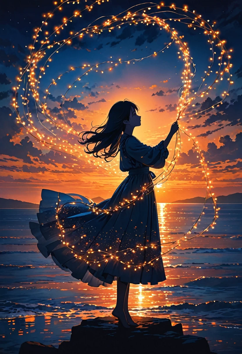 The image depicts the silhouette of a person standing against a stunning sunset backdrop. The sky transitions from a rich orange near the horizon to deep blue as it ascends. The person appears to be wrapped in a string of small, glowing fairy lights, with some of them lit up, creating an ethereal and captivating contrast against the dark silhouette. The person seems to be holding up one arm, perhaps adjusting or interacting with the lights. The overall mood of the image is peaceful and enchanting.girl 