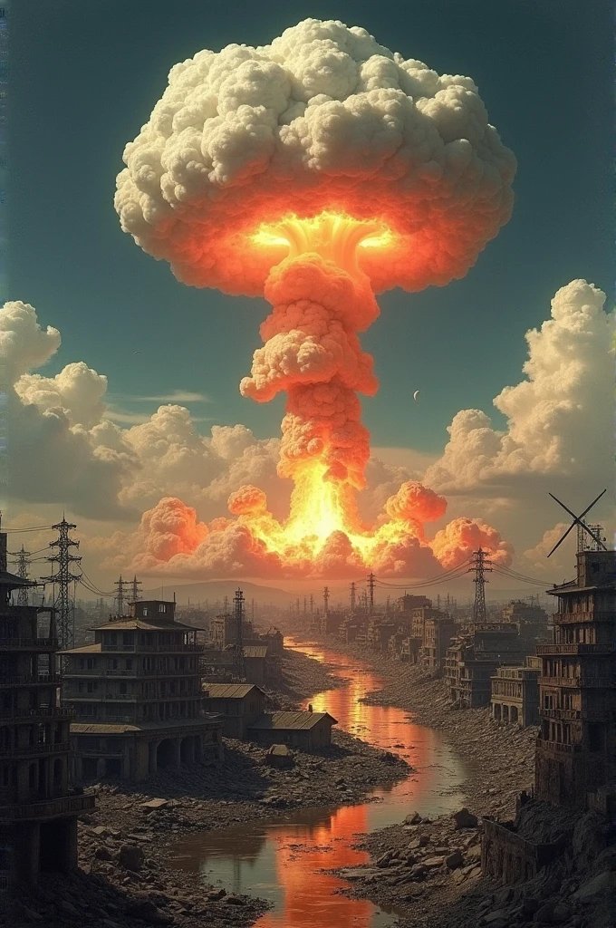 ((best quality)), ((masterpiece)), (detailed), The aftermath of an atomic bombing, with a mushroom cloud rising above a devastated Hiroshima or Nagasaki.