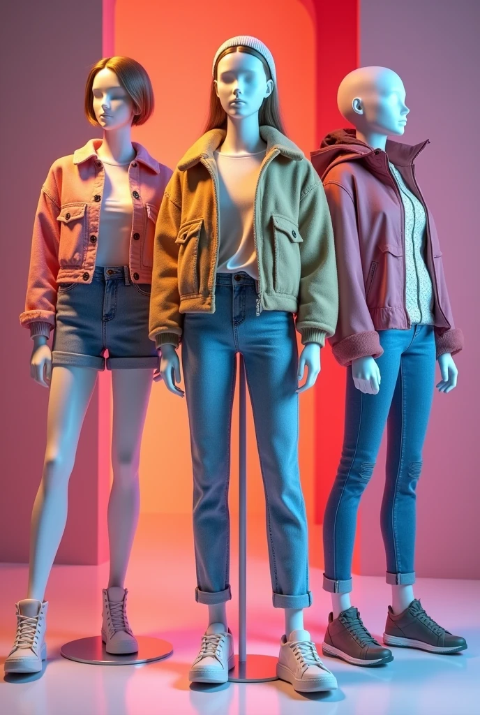 3 mannequins with casual, fashionable, youthful outfits for girls dressed