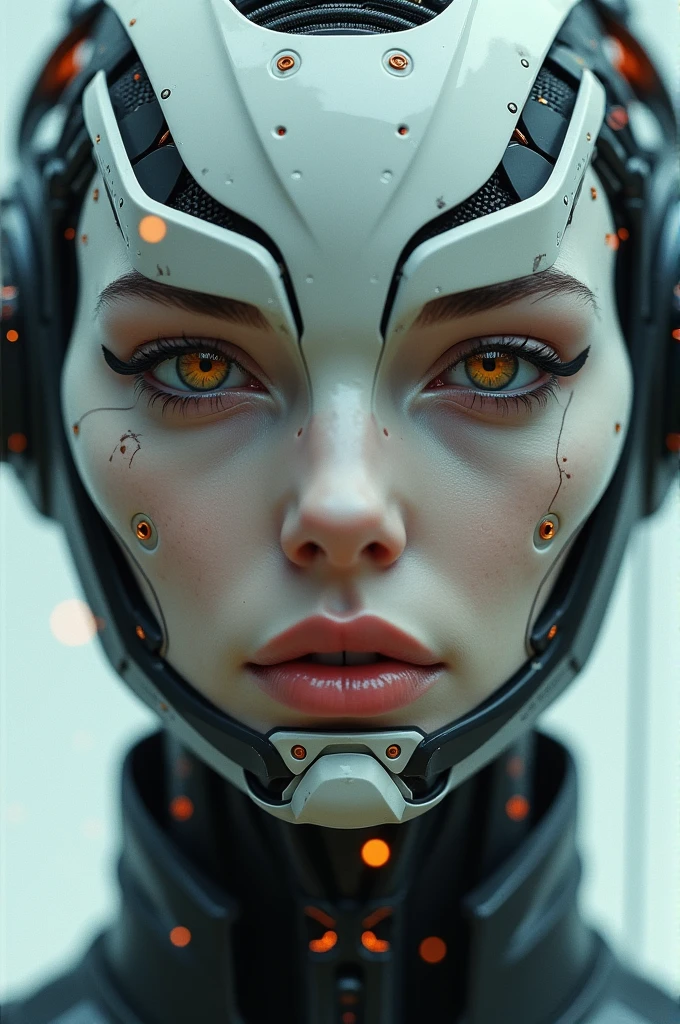 a close-up symmetrical portrait of a cold girl Biomechanics, mshn robot, touches of orange-red, hyper realistic, conception complexe, (incredibly detailed:1.4), (Extremely fine details:1.35), Extremely sharp lines, steel, cinematic lighting, Photorealistic, a detailed painting of  (best quality, high quality, absurdists, complex detail, head of&#39;artwork, cinematic), very detailed, flou de mouvement, grain de film, bruit,
