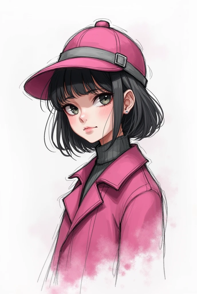 Sketch-type drawing of a girl with a detective hat in fuchsia pink with grey trim