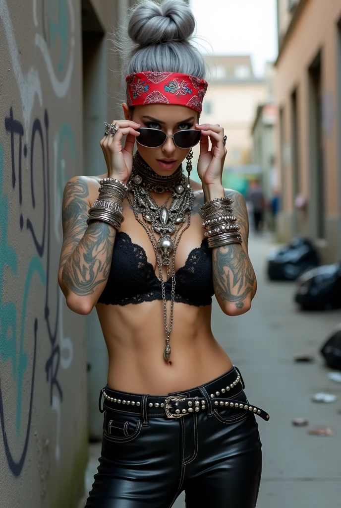 russian milf woman,  grey hair (bouffant, top bun) and oversized square sunglasses and wide  colourful bandana as headband, with very light green eyes, extremely pale. Big lips.  Black lace push up bra, silicone breast,, tight skinny  black low rise leather jeans. Light pink high heel mules. Lots of thick wide studded bracelets, chain necklaces and big rings,. Two loose studded belts. Long earrings with chains and feathers. Back against a wall, separated legs, touching her necklaces with both hands. Chin down in shame, looking down at the ground, Neck, chest, stomach and wrists heavily tattoed.  Toned abdominals, thin neck, slim legs and thin arms. Narrow hips. Full body. At a dead end street with graffitied walls, ground littered with waste and black plastic garbage bags. Full body