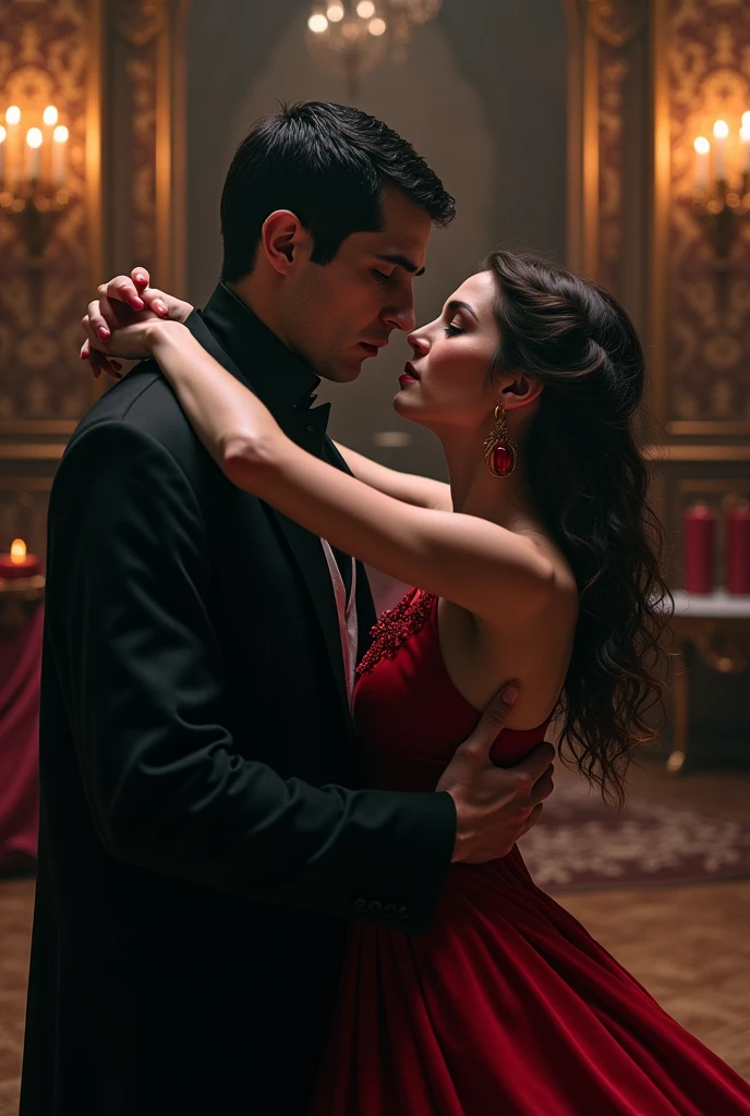 vampire ball, vampire and human woman dancing in agressive way, they are passionate