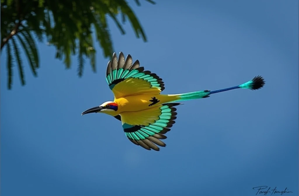 brightly colored bird flying in the sky with outstretched wings, flying around the bird, colorful bird with a long, colorful birds, a surreal bird, vivid colors. sharp focus. tropical birds, torogoz, national bird of el salvador, blue and yellow fauna, Image credit Nat Geo, in flight, Rare bird in the jungle, inspiring bird&#39;s eye view