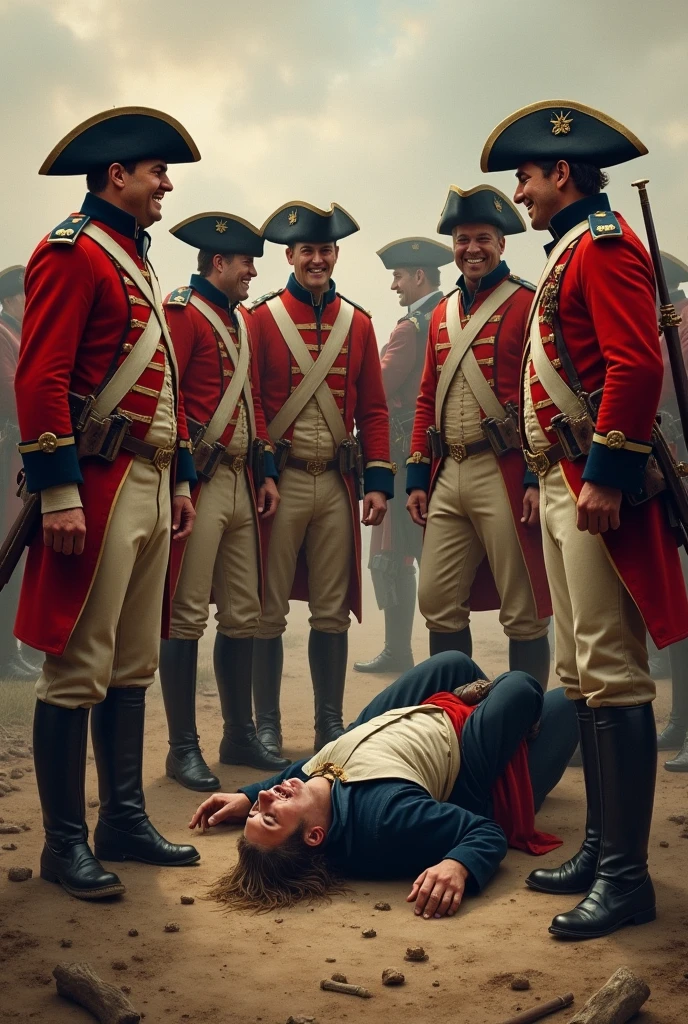 British soldiers laughing at an American soldier falling during the American Revolutionary War