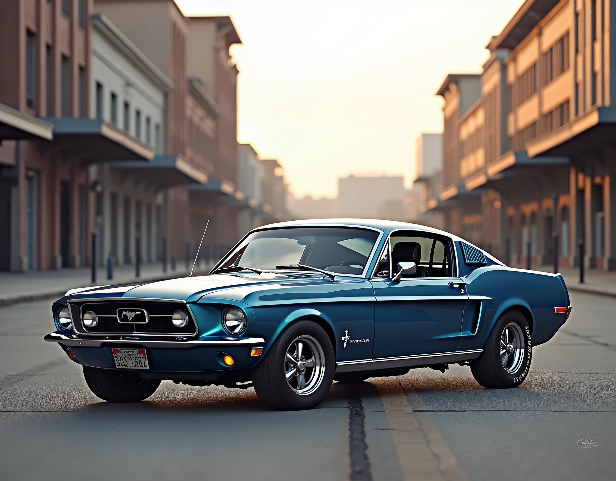 Make an image for a blue 1968 Ford Mustang GT 390 Fastback in an empty city street in America in the daytime