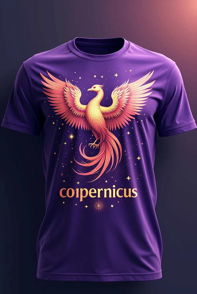 Make a purple t-shirt with a phoenix on the front, writing "Copernicus" in yellow with star details