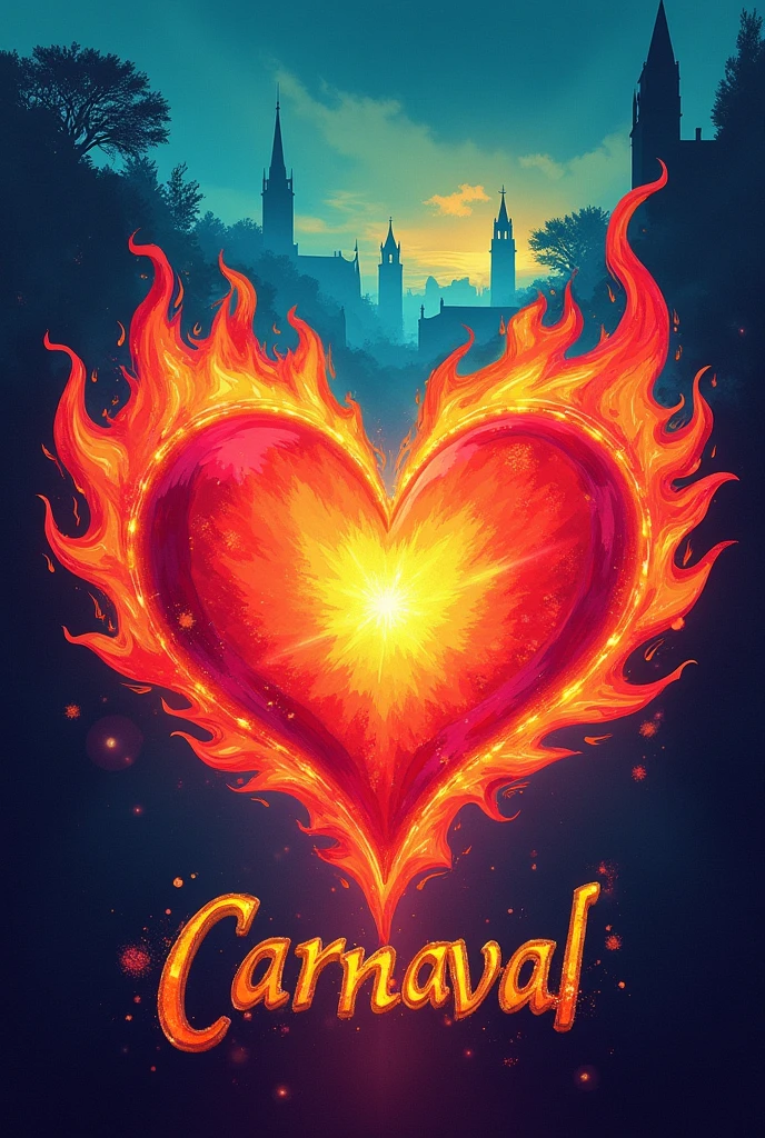 A cover that features a heart in the center, ablaze with the colors of the rainbow. The background is a small town in silhouette, suggesting Carvalhos, and the title is in italics, standing out against the colored flames.