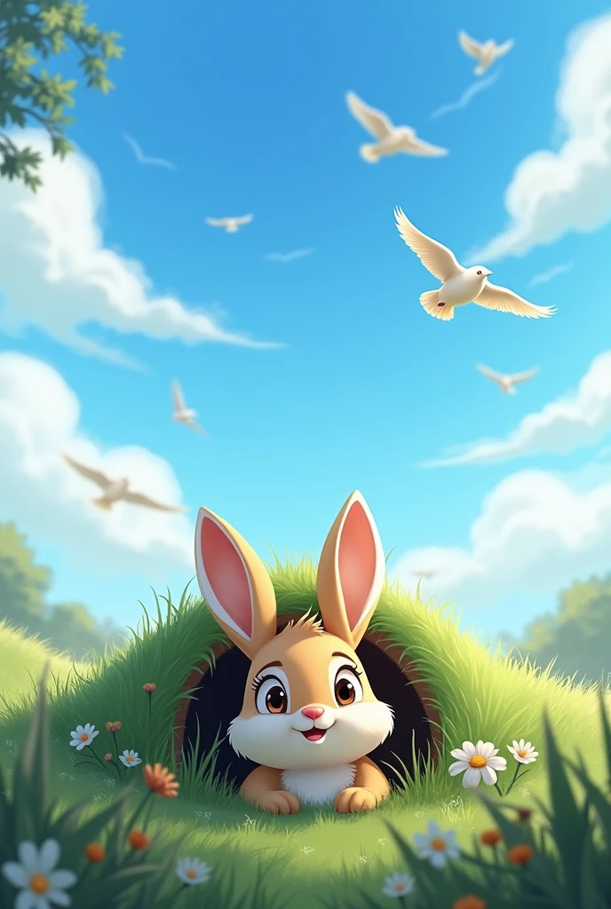 rabbit in its hole looking at the birds in the sky