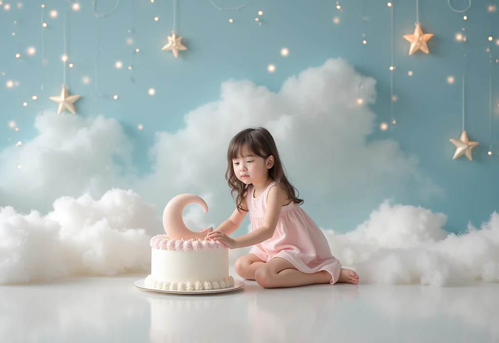 a girl in backdrop sitting on the floor in front of a cake with a moon and stars on it, a picture inspired by Lucia Peka, tumblr, art photography, girl clouds, background is heavenly, ethereal and dreamy theme, very magical and dreamy, award winning studio photo, lie on white clouds fairyland, modeling photography, , sitting in a fluffy cloud