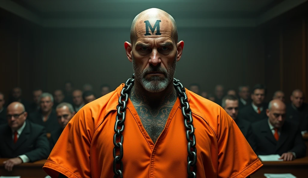 Create an image of a man in orange prison clothes, bald, tattooed all over his neck with a very large M on his forehead, standing up being sentenced with very thick chains around his neck holding him back so he doesn&#39;t escape.