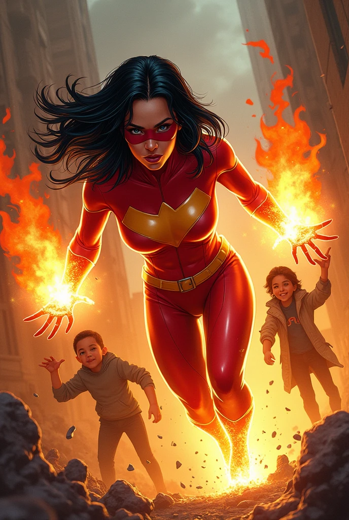 create a comic book cover that has a superhero on it, the superheroine has her red and orange outfit, black hair with red highlights, wear a mask, has the power to put out fires with his hands as if it were a fire extinguisher and is saving a child and some animals, and the cover looks like the one in Captain America comics