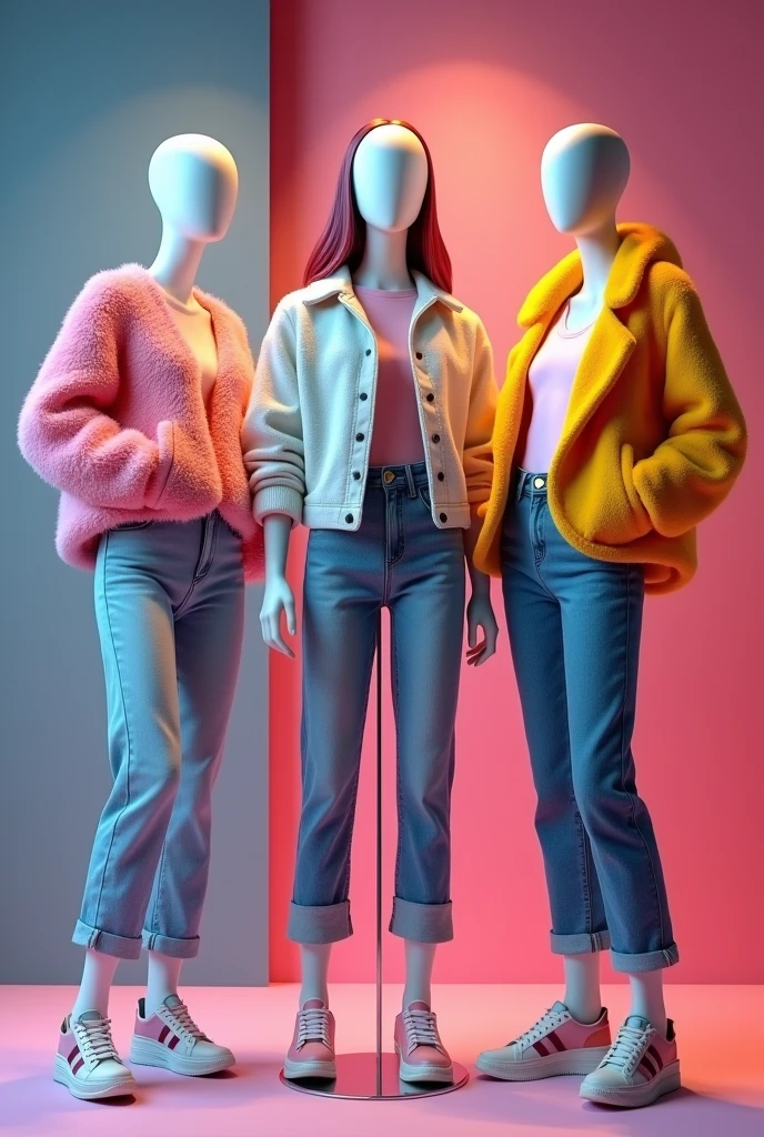 3 mannequins with casual, fashionable, youthful outfits for girls dressed