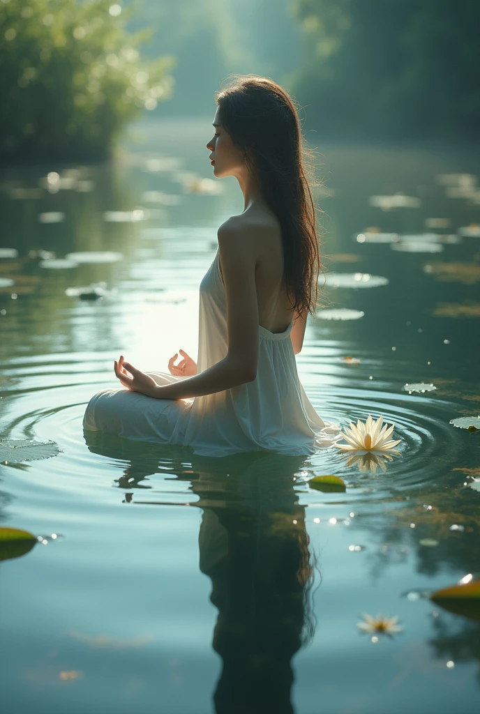 a man in a pond with lily pads in the water, in a pond, standing in a pond, floating in a powerful zen state, nymph in the water, sitting in a reflective pool, floathing underwater in a lake, sitting at a pond, in water up to her shoulders, the hair floats on the water, in a lake, in the water