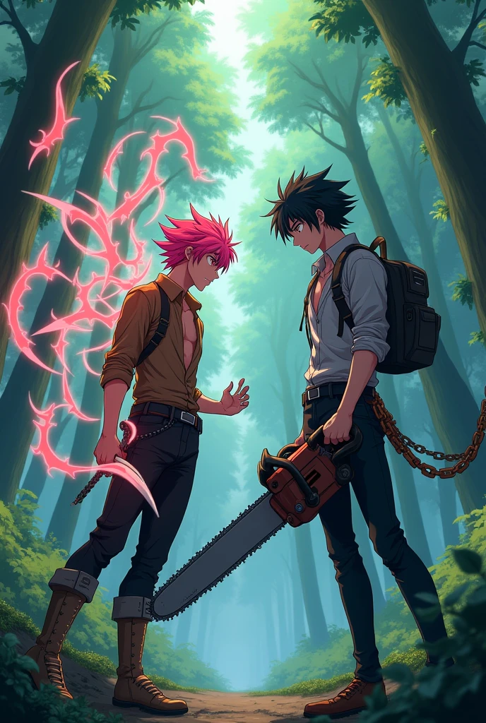 1 anime male character with pink hair and beige eyes wearing a brown shirt and black pants in a forest generating annoying sharp bones and white blades, next to character 1 male anime man with black hair and black eyes serious with a chainsaw with chains