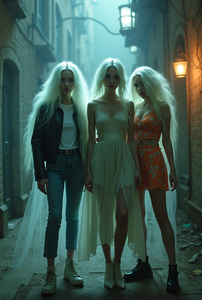 Ghosts wearing modern and casual outfits, a different outfit for each ghost and they are posing as models in a spooky but fun and very striking environment