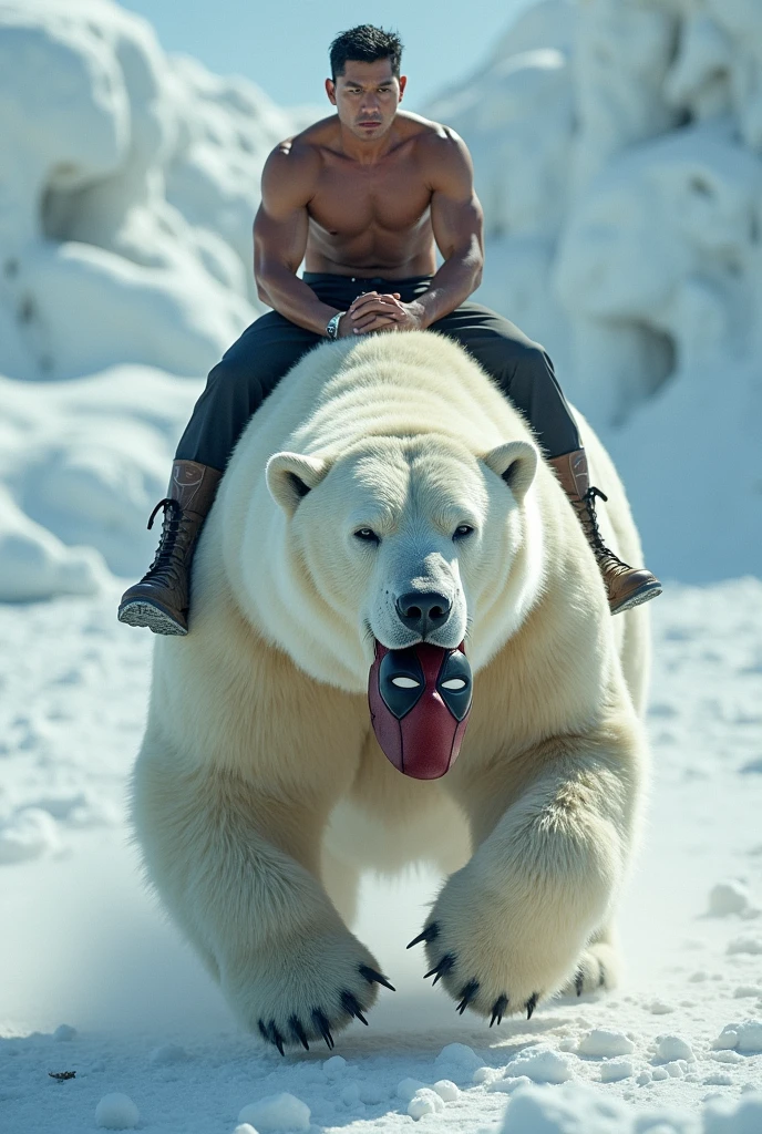 ozai, Korean actor Daniel Dae Kim shirtless, riding a polar bear with deadpool&#39;s head on its side between its teeth snowing