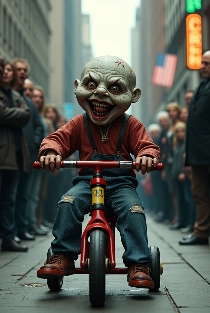 Billy, Saw's puppet, riding his tricycle on the sidewalk of a busy street, The people around him have horrified expressions.
