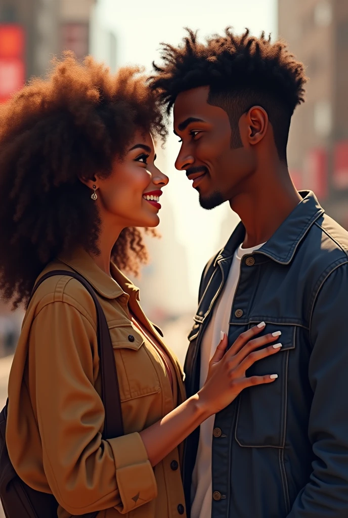 teenagers, brown woman with shoulder length curly hair. Black man with black hair 