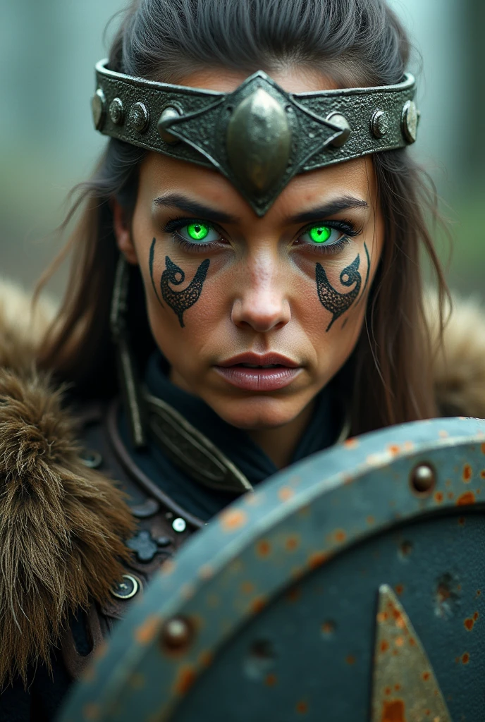 Close up face beautiful viking woman, odin&#39;s shield in hand , bright green light in the eyes, crown of the goddess freya , tribal design on the eyes, Angry, bone ornaments on the neck, battle armor, with hate, focused