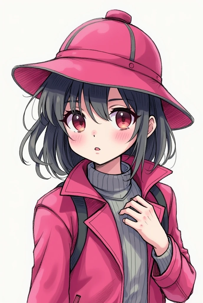Sketch-type drawing of a girl with a Deerstalker detective hat in fuchsia pink with grey trim