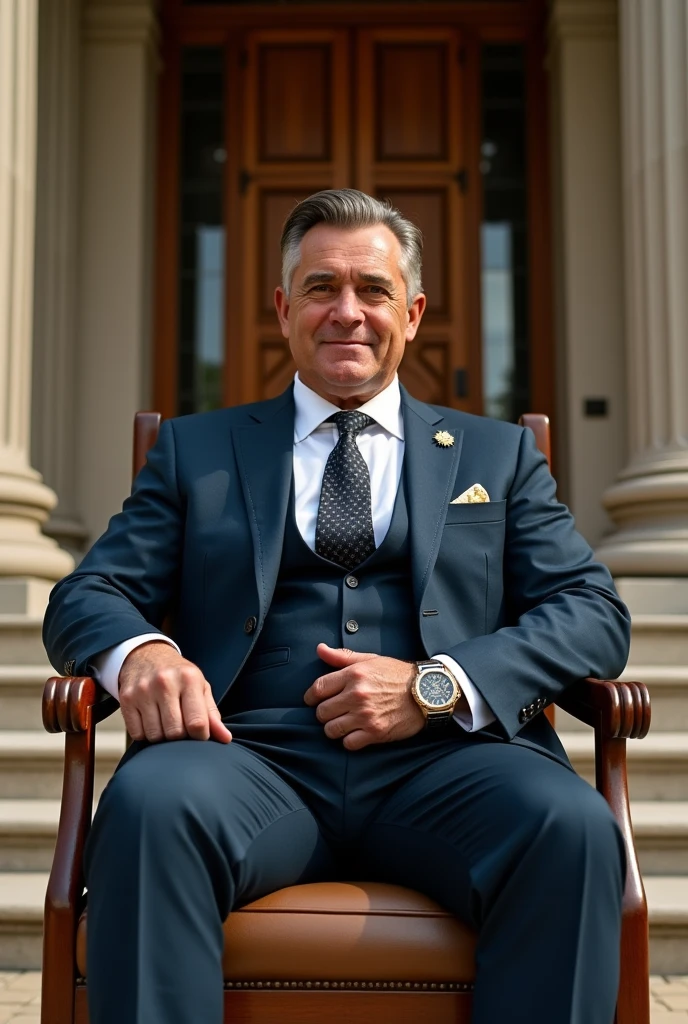 millionaire man in suit, with expensive accessories like a watch. sitting on a wooden chair. at the bottom of the porch of a bank.