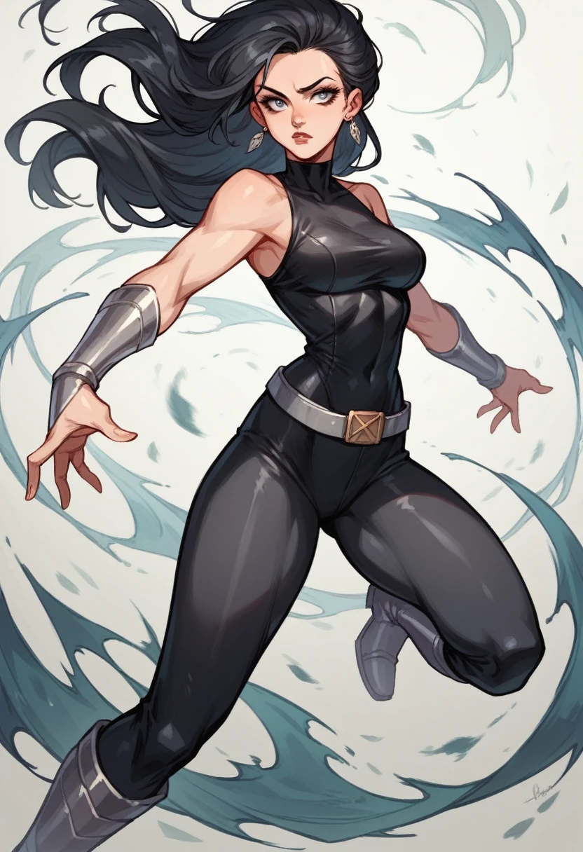 1girl, long black hair, earrings, long black top, sleeveless bodysuit, silver belt, silver bracers, silver long boots, dc comics