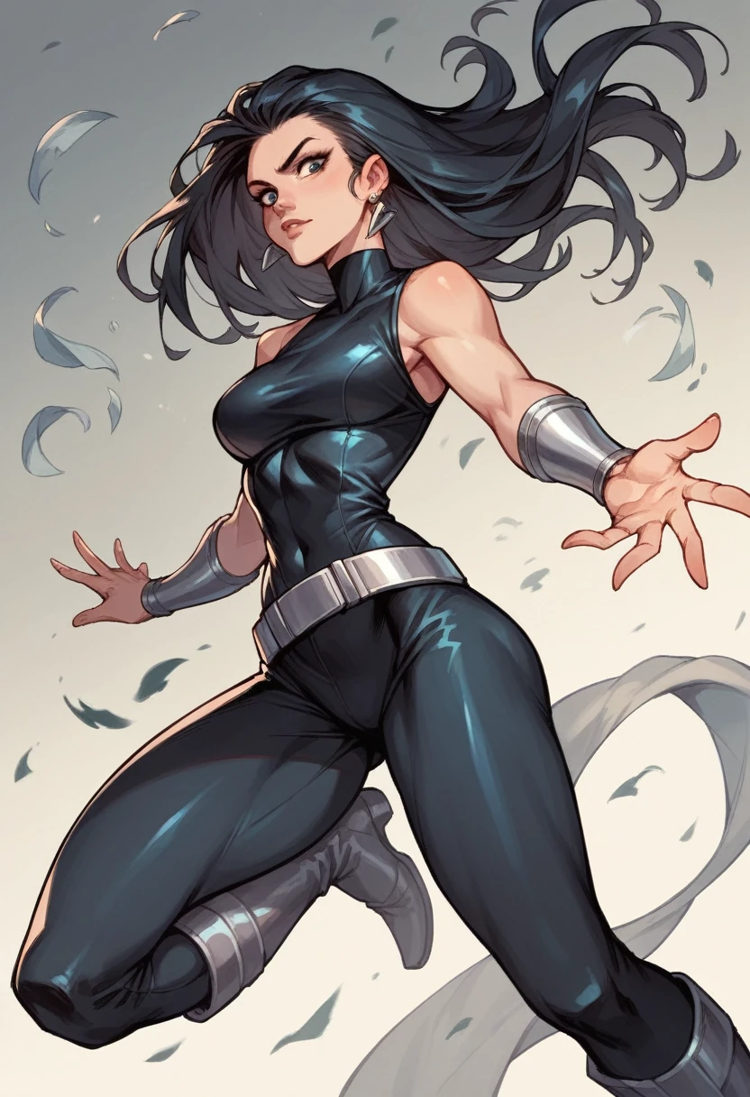 1girl, long black hair, earrings, long black costume, sleeveless bodysuit, silver belt, silver bracers, silver long boots, dc comics