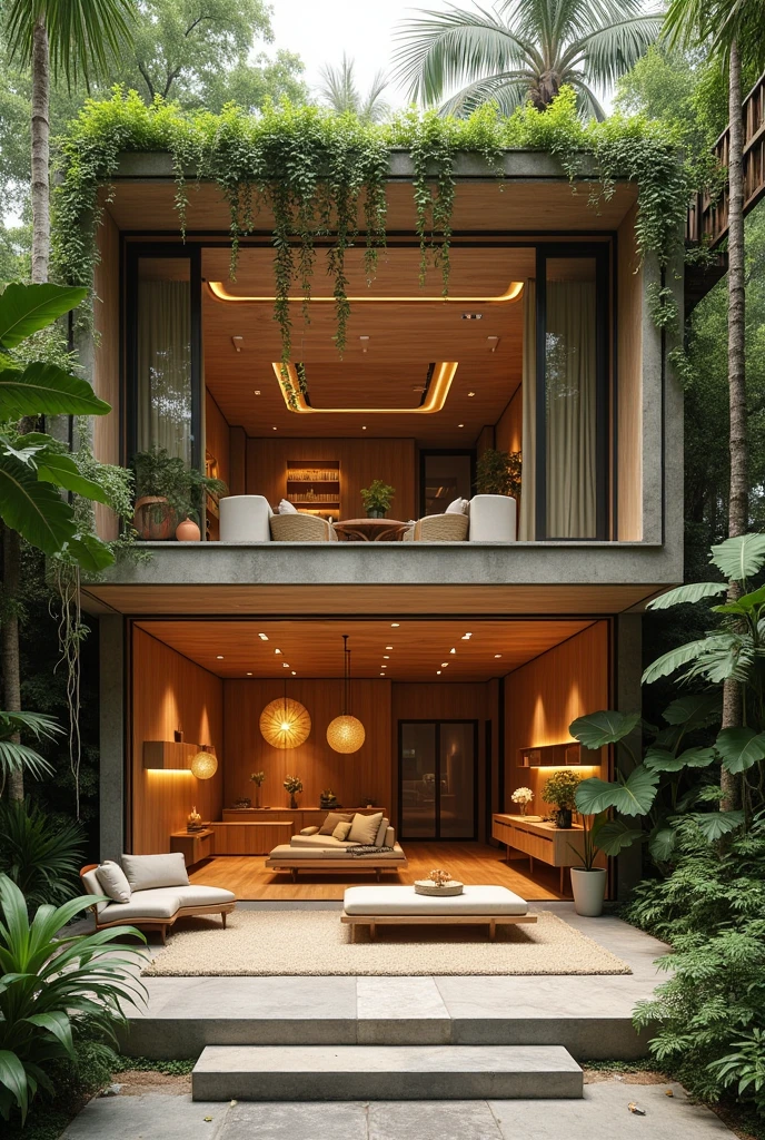 Make a double-height showroom to display furniture and textures that are trends in architecture and interior design , Keep in mind that the location is in the jungle and has a warm atmosphere.