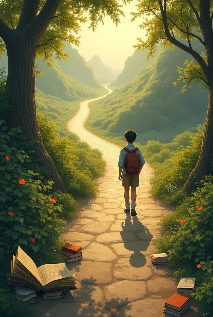 I need you to make me a slogan of the following: Path or Road: A path or trail that unfolds towards a horizon, symbolizing the journey of learning. You could include elements like books on the path or a figure walking., representing the students.