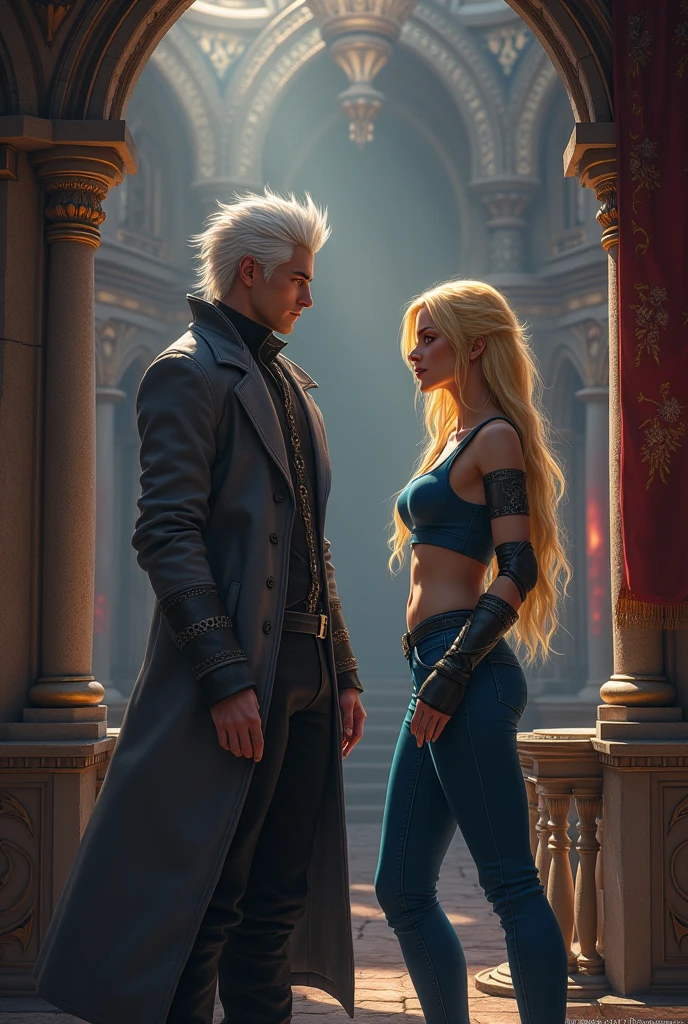 Kaz brekker from shadow and bone, with white hair and a gray overcoat is next to Magnus Bane of shawdowhuters, blonde hair and blue cropped top, in the registration room. Medieval RPG model.