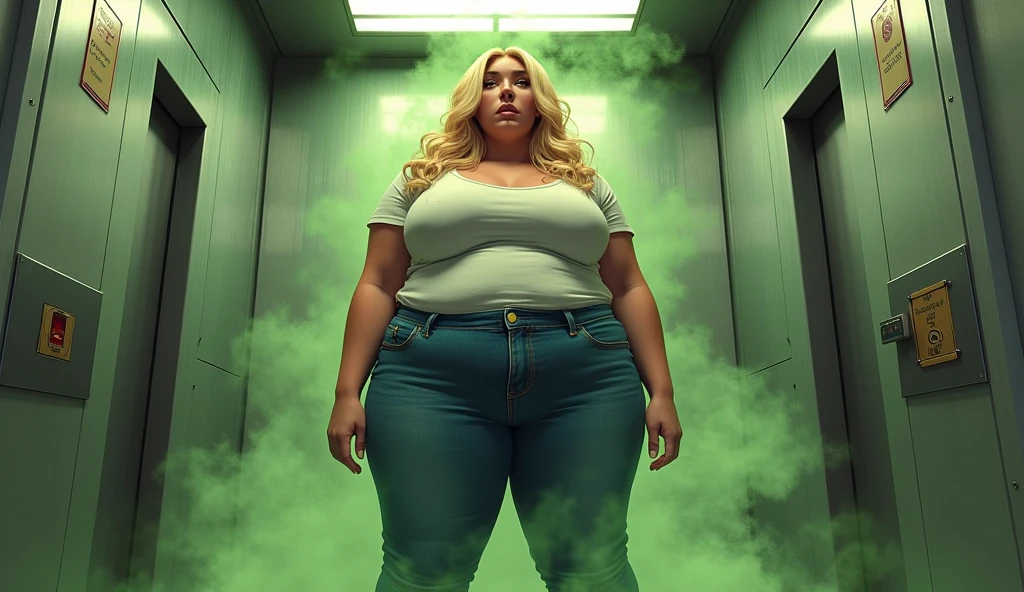 Beautiful blonde morbidly obese woman with a t-shirt and jeans standing in a grey elevator surrounded by olive green stink fumes, comic book artstyle