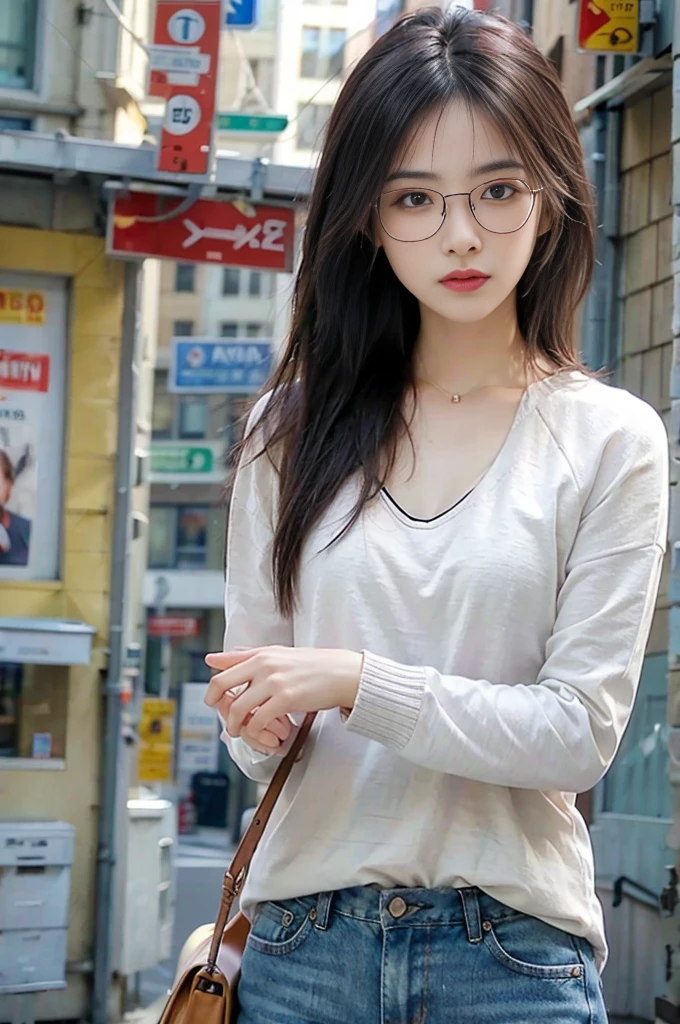 Photo of a beautiful woman standing on a street corner, (masterpiece:1.2, highest quality), (Realistic, photoRealistic:1.4), Beautiful illustrations, (Natural Side Lighting, Cinema Lighting), Written boundary depth, Beautiful thighs staring at the viewer, (((Face Focus, Upper Body))), 1 female, 30-year-old, alone, thin, slender, small breasts!!!, Loose curly hair, Bedhead, Forehead, thin, slender, (((glasses))), knit sweater, denim pants, Are standing, New York 25th Street, portrait