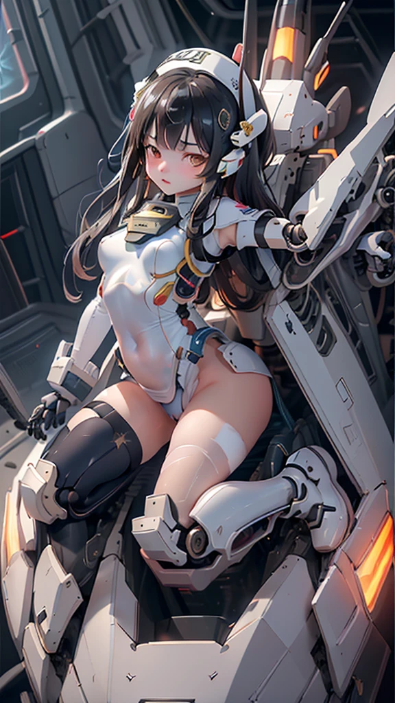 (Highest quality)), ((Masterpiece)), (very detailed: 1.3), 3d, {(1 young girl)}, (Wearing a navy blue buruma and a white PE uniform, with a colored shirt underneath the armor.:1.3), (black hair:1.5), (She was fused with the Gundam robot of the future.:1.4), Have a hat, With Wefin , Armored shoulders,Armored under the arms, Armor under the legs, short sleeve, Equipped with two large weapons on the back, Leg-mounted weapon module, camel toe,  Multi-layered texture with perfect proportions, Octane rendering, Duotone light, Low ISO value, wide aperture, white balance, Third rule, Ultra HD16k, HDR (high dynamic range), Ray Tracing, nvidia RTX, Super resolution, subsurface scattering, PBR texture, After processing, Anisotropic filtration, depth of field, Maximum clarity and clarity, High-performing subpixels, Sub-pixel distortion, Particles of light, Diffused light, Tyndall Effect, full body:1.5, (crawl on all fours:1,2), Dog Lover Style, , cute, (cute:1.2), (long hair:1.3),Thick eyebrows, Light colored iris, Big, sparkling black eyes, Long eyelashes, Small, pale lips are naturally pale., (The average face of Japanese idols), (Young faceเป็นเอกลักษณ์ของคนญี่ปุ่น:1.3), (Young face), wide forehead:1.2, Plump cheeks, Small chin, In the hangar.,look at viewer,Focus on the eyes , (Perfect four fingers, 1 thumb),