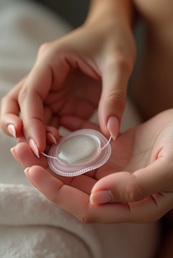 Condoms filled with semen are thrown around a girl lying on the bed
