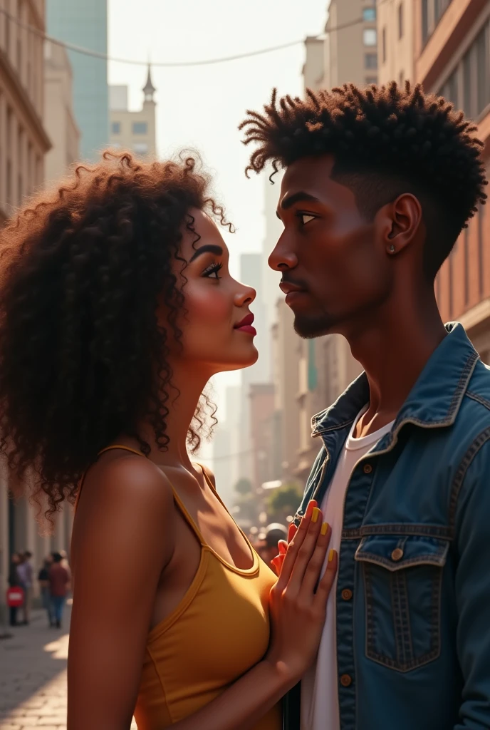 teenagers, brown woman with shoulder length curly hair. Black man with black hair