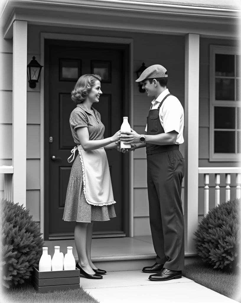 Create a black-and-white nostalgic scene from the 1950s or 1960s where a milkman is delivering bottles of fresh milk to a suburban front door. The milkman is wearing a classic uniform with a cap, handing over a bottle of milk to a smiling housewife standing at the door. The housewife is dressed in a patterned apron over a modest dress, reflecting the fashion of the era. The front porch is simple, with neatly trimmed plants by the side. Bottles of milk are visible in a crate near the doorstep, capturing the essence of the bygone era when milk delivery was a common sight.