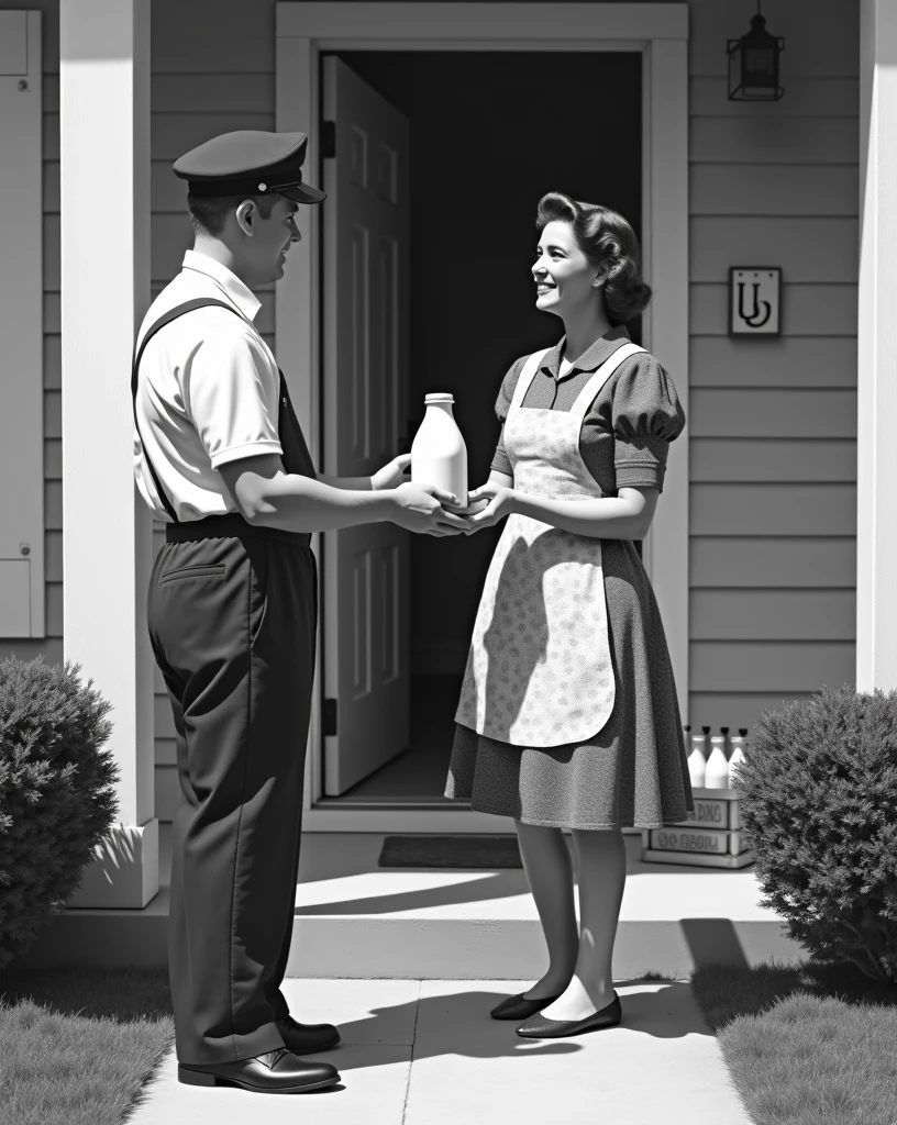 Create a black-and-white nostalgic scene from the 1950s or 1960s where a milkman is delivering bottles of fresh milk to a suburban front door. The milkman is wearing a classic uniform with a cap, handing over a bottle of milk to a smiling housewife standing at the door. The housewife is dressed in a patterned apron over a modest dress, reflecting the fashion of the era. The front porch is simple, with neatly trimmed plants by the side. Bottles of milk are visible in a crate near the doorstep, capturing the essence of the bygone era when milk delivery was a common sight.