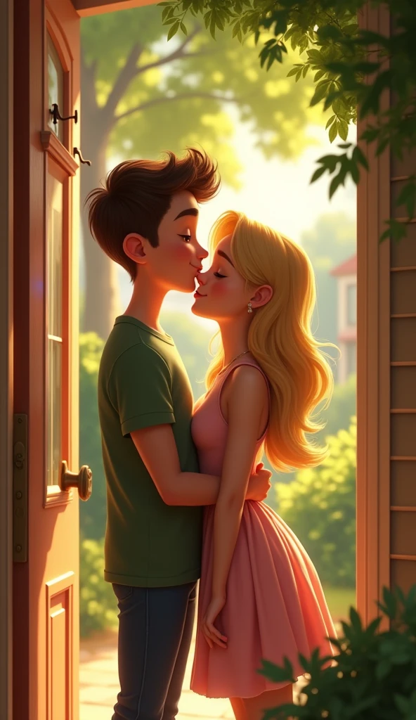 A handsome brother giving a kiss on the cheek to his blonde sister at the door of her house, pixar style, cinematic, masterpiece, high-aesthetic, portrait