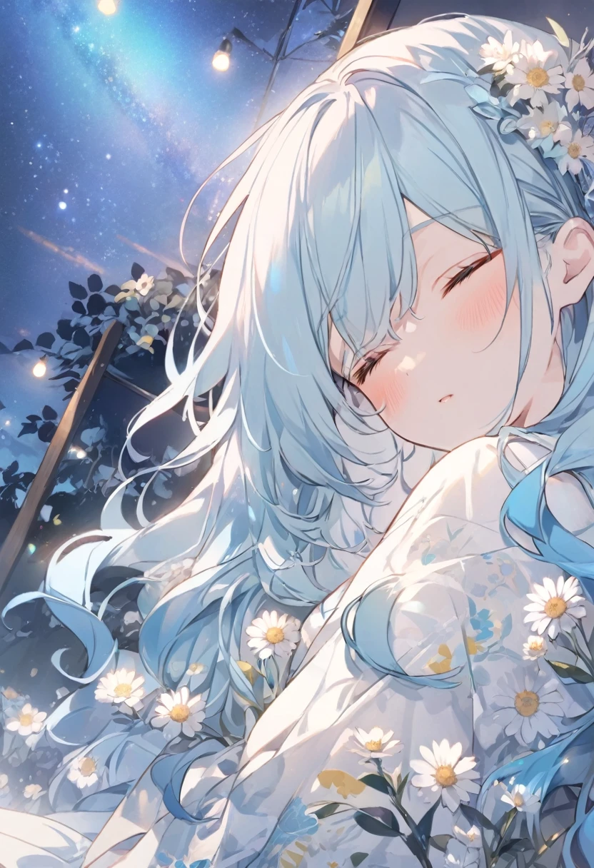 , (((( light blue long hair)))),Flowers, Sleep, night, Starry Sky